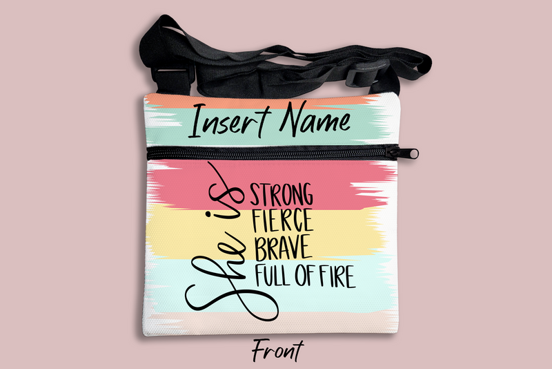She is Strong Fierce Brave Full of Fire Brush Strokes Cross Body Bag + FREE Bookmark