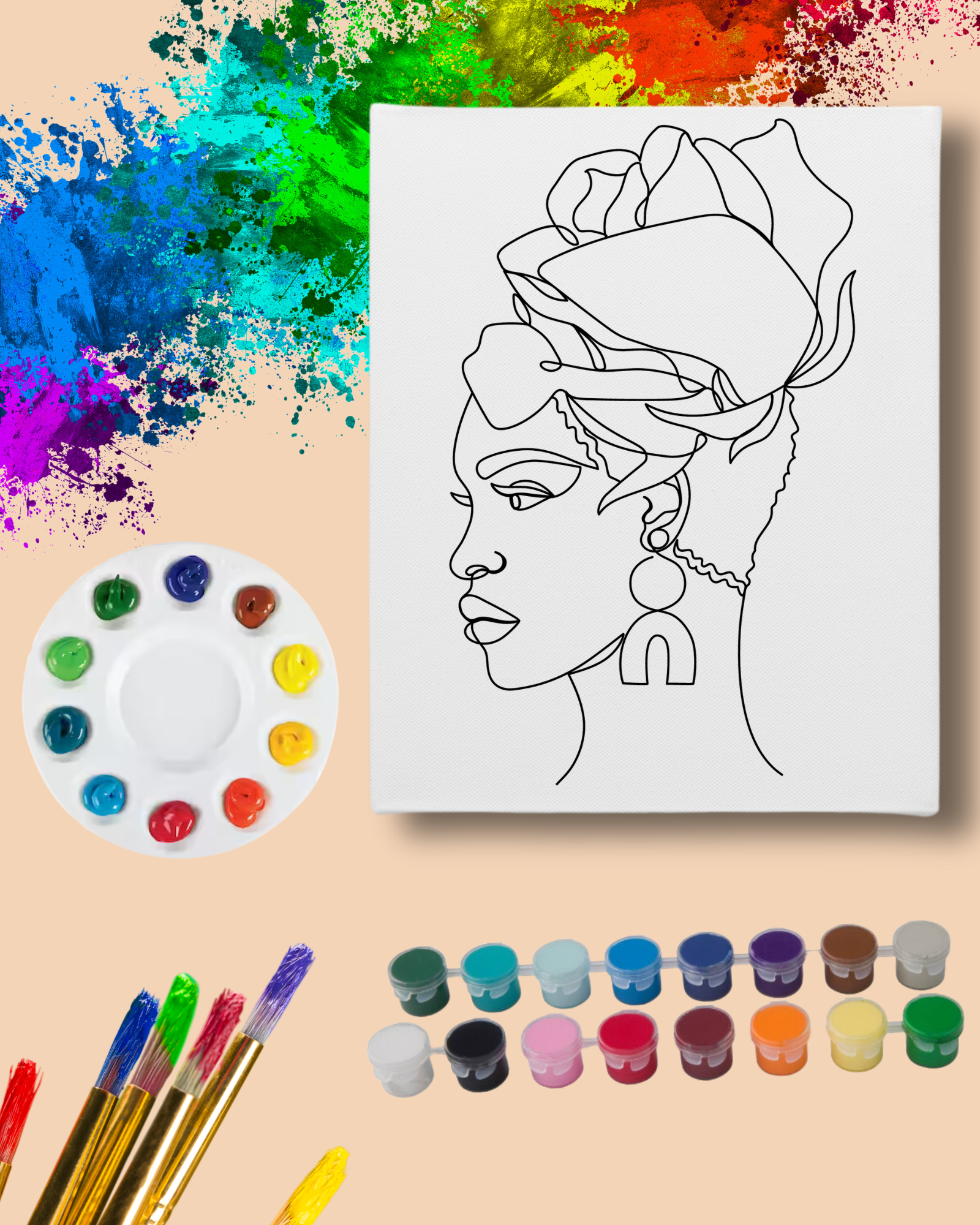 DIY Paint Party Kit - 11x14 Canvas - Black Woman Flower Headwrap