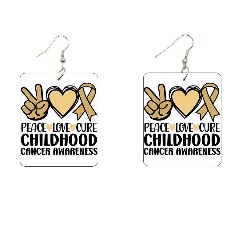 Peace Love Cure Childhood Cancer Rectangle Wooden Earrings
