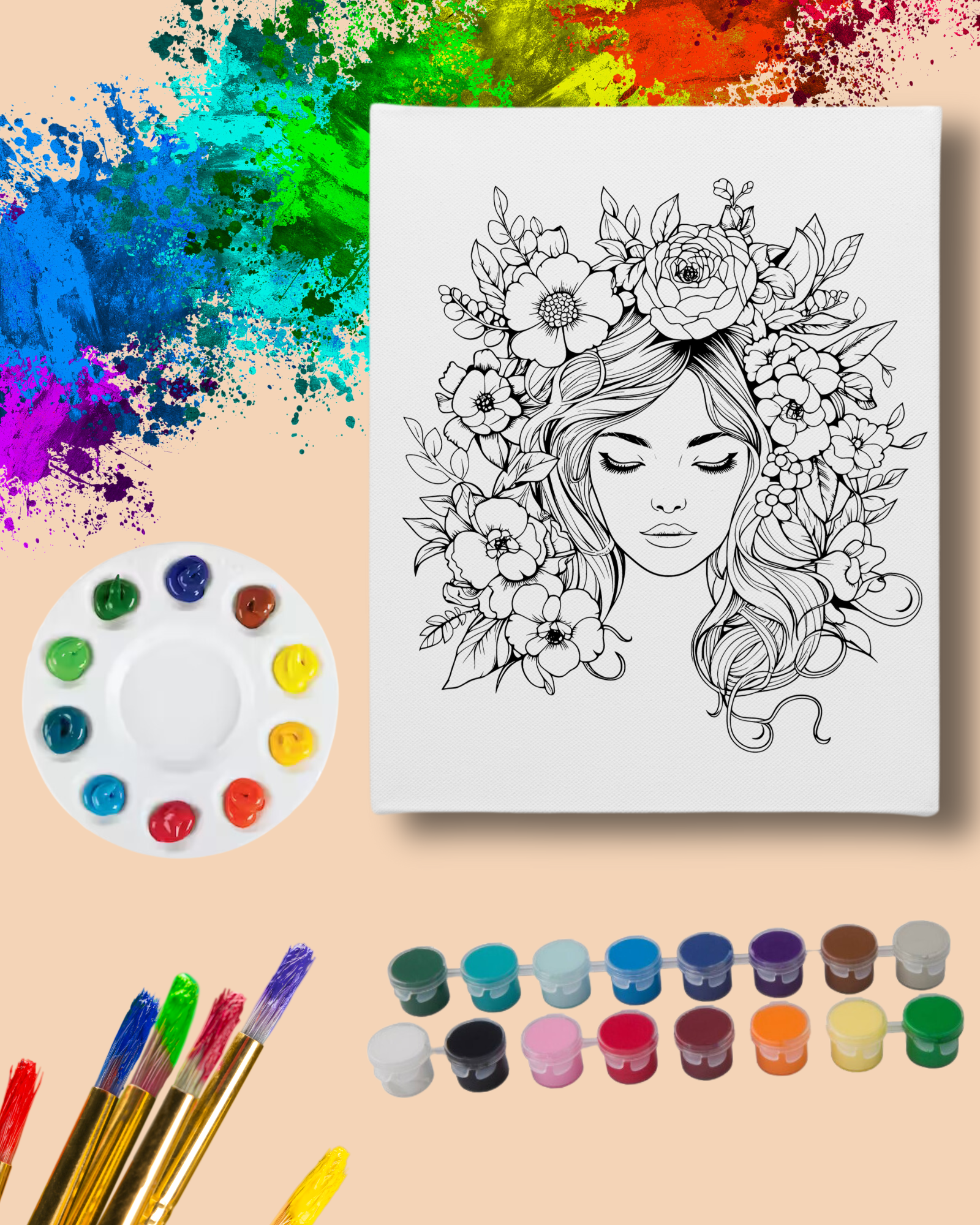 DIY Paint Party Kit - 11x14 Canvas - Beautiful Woman Flowers Hair