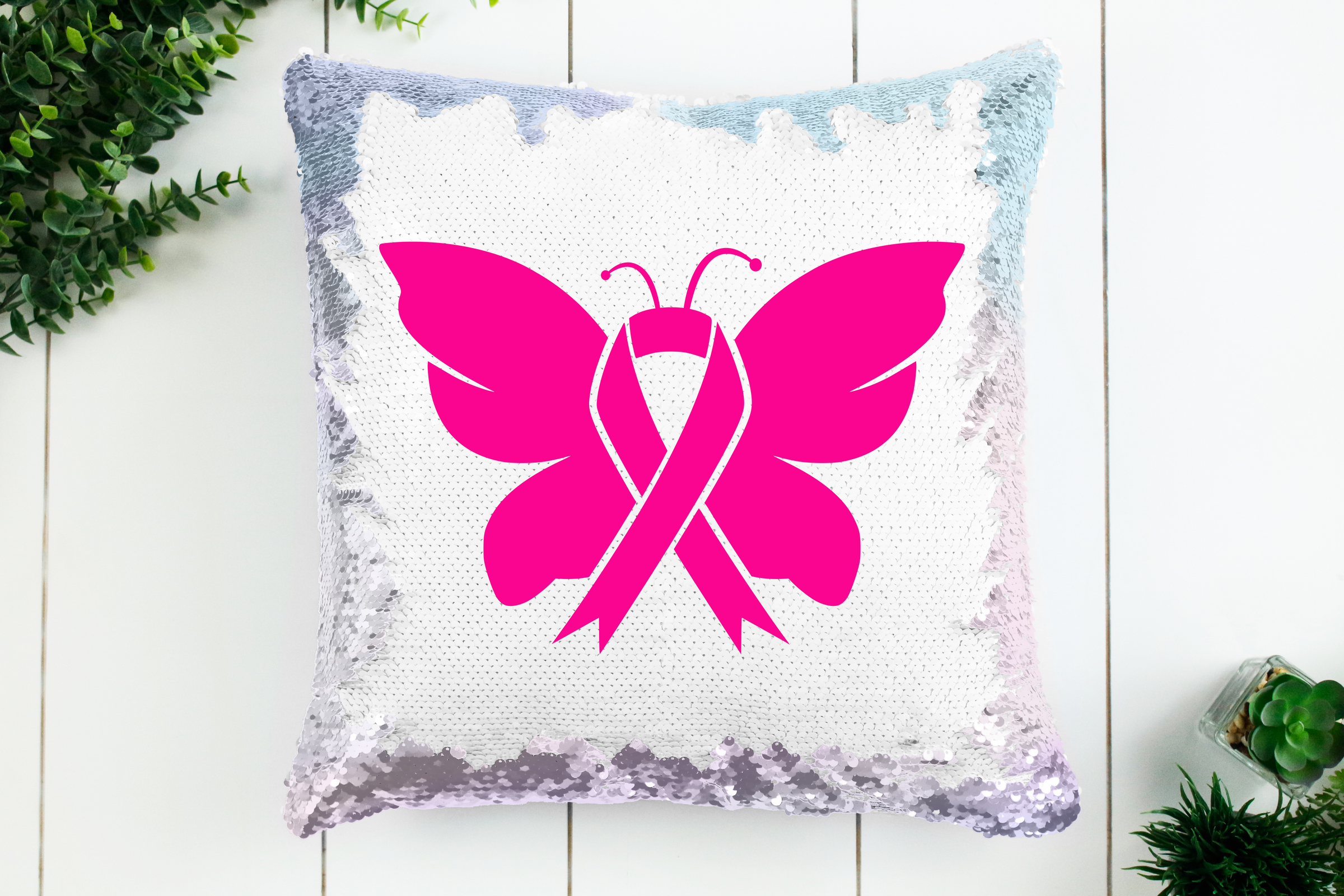 Breast Cancer Butterfly Sequin Pillow