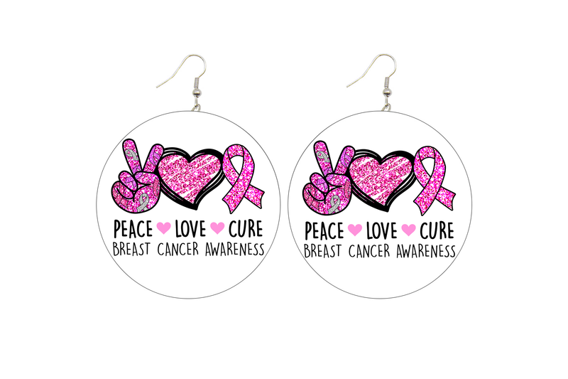 Peace Love Cure Breast Cancer Wooden Earrings