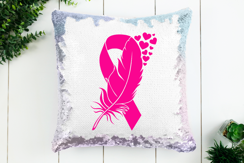 Breast Cancer Feather Ribbon Sequin Pillow