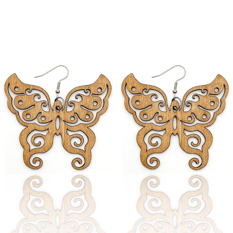 Butterfly Swirl Engraved Wooden Earrings