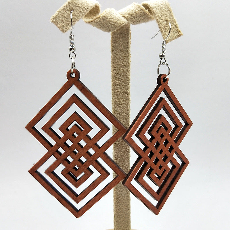Infinity Square Engraved Wooden Earrings