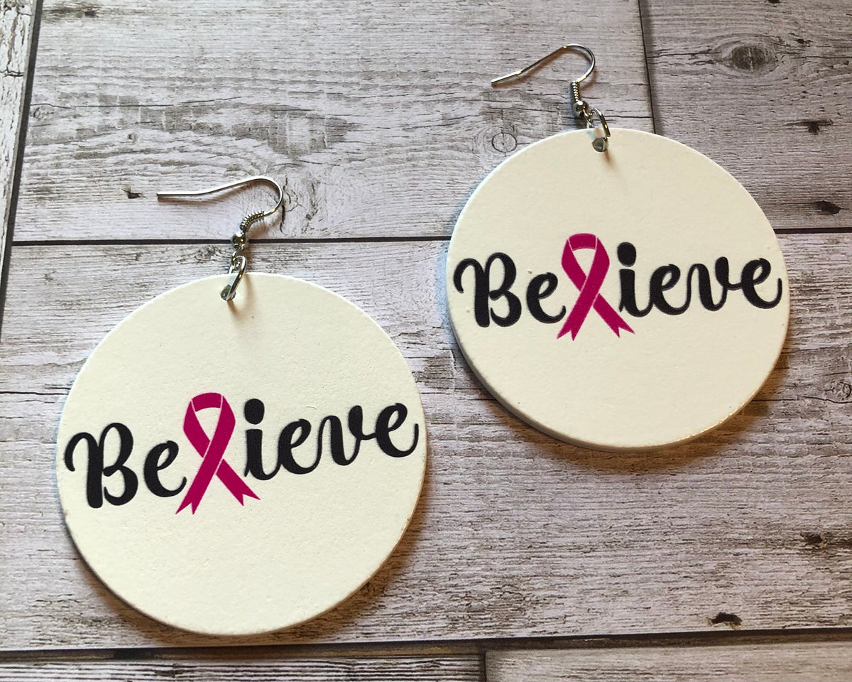 Believe Breast Cancer Wooden Earrings