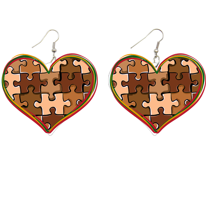 Melanin Puzzle Heart Wooden Earrings