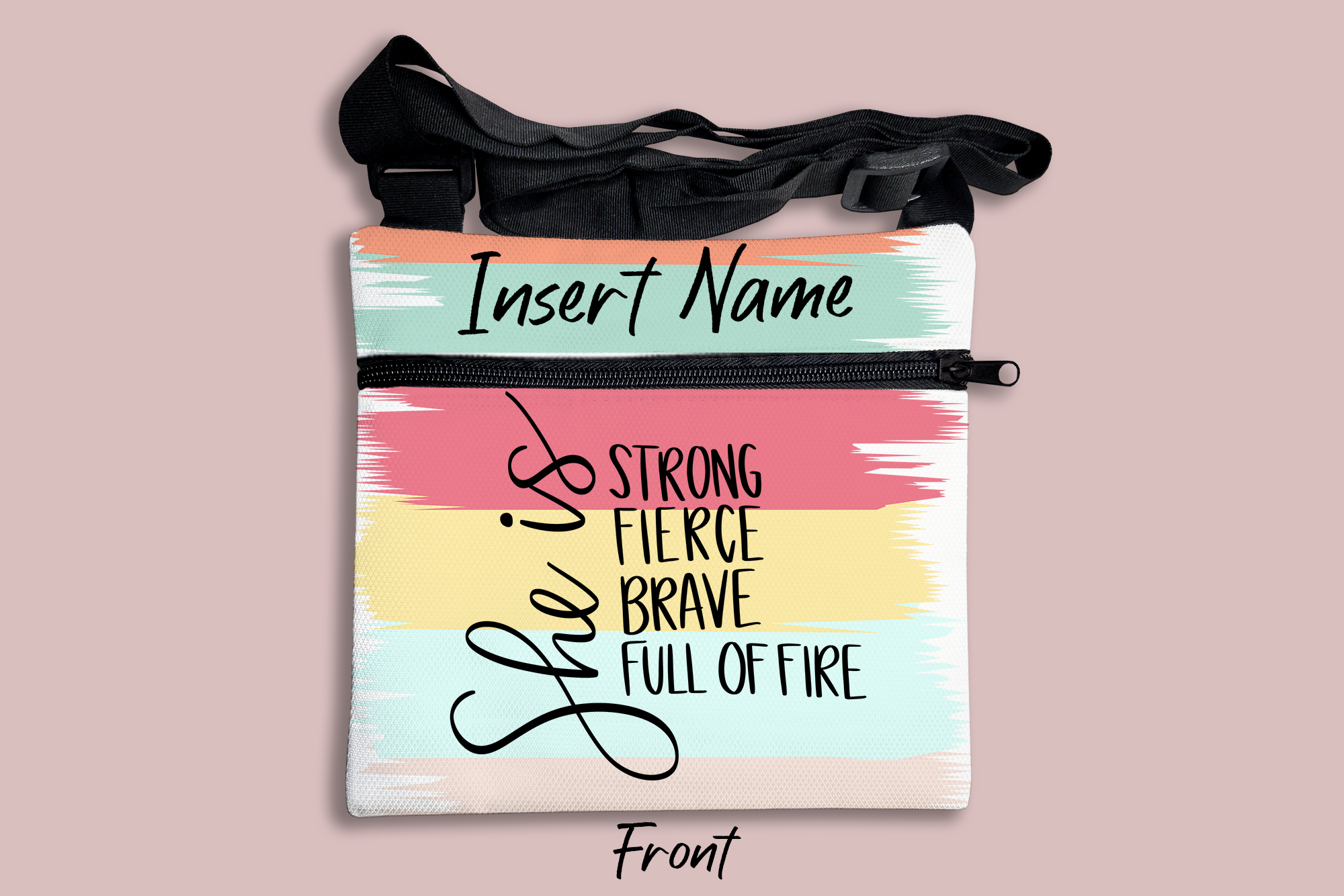 She is Strong Fierce Brave Full of Fire Brush Strokes Cross Body Bag + FREE Bookmark