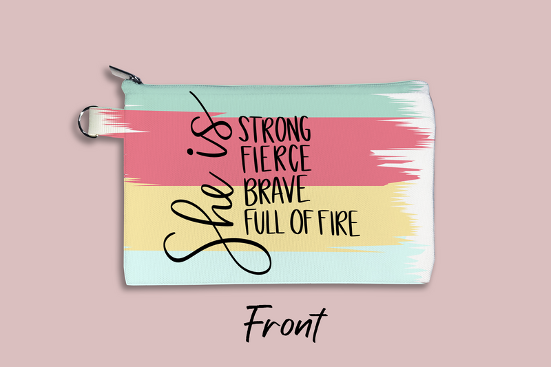 She is Strong Fierce Brave Full of Life Brush Strokes Personalized Cosmetic Bag